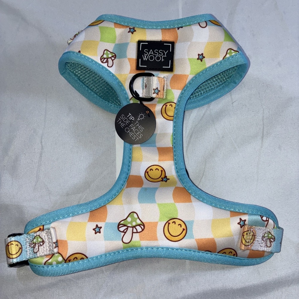 Sassy Woof Mushroom And Smiley Face Soft Stretch Dog Harness Size M NWT